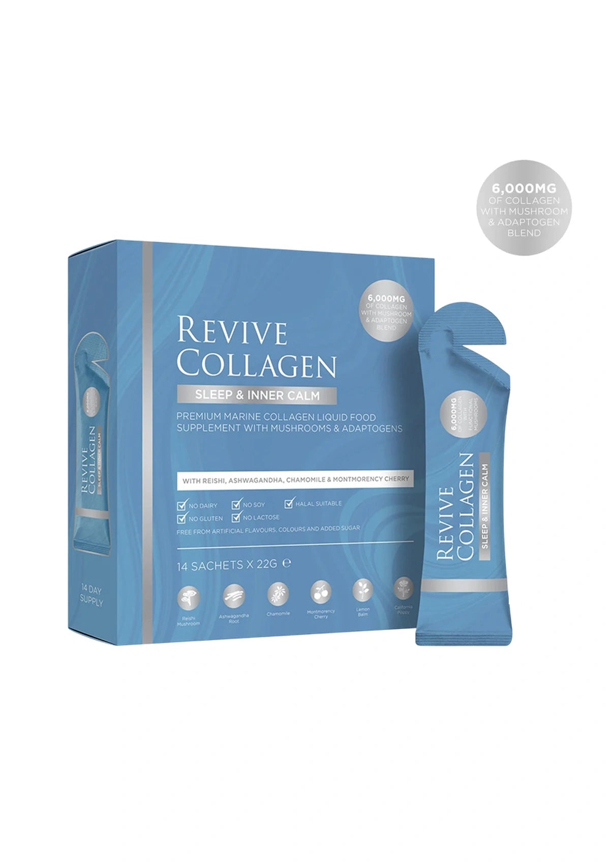 Revive Collagen packaging with sachets on a white background